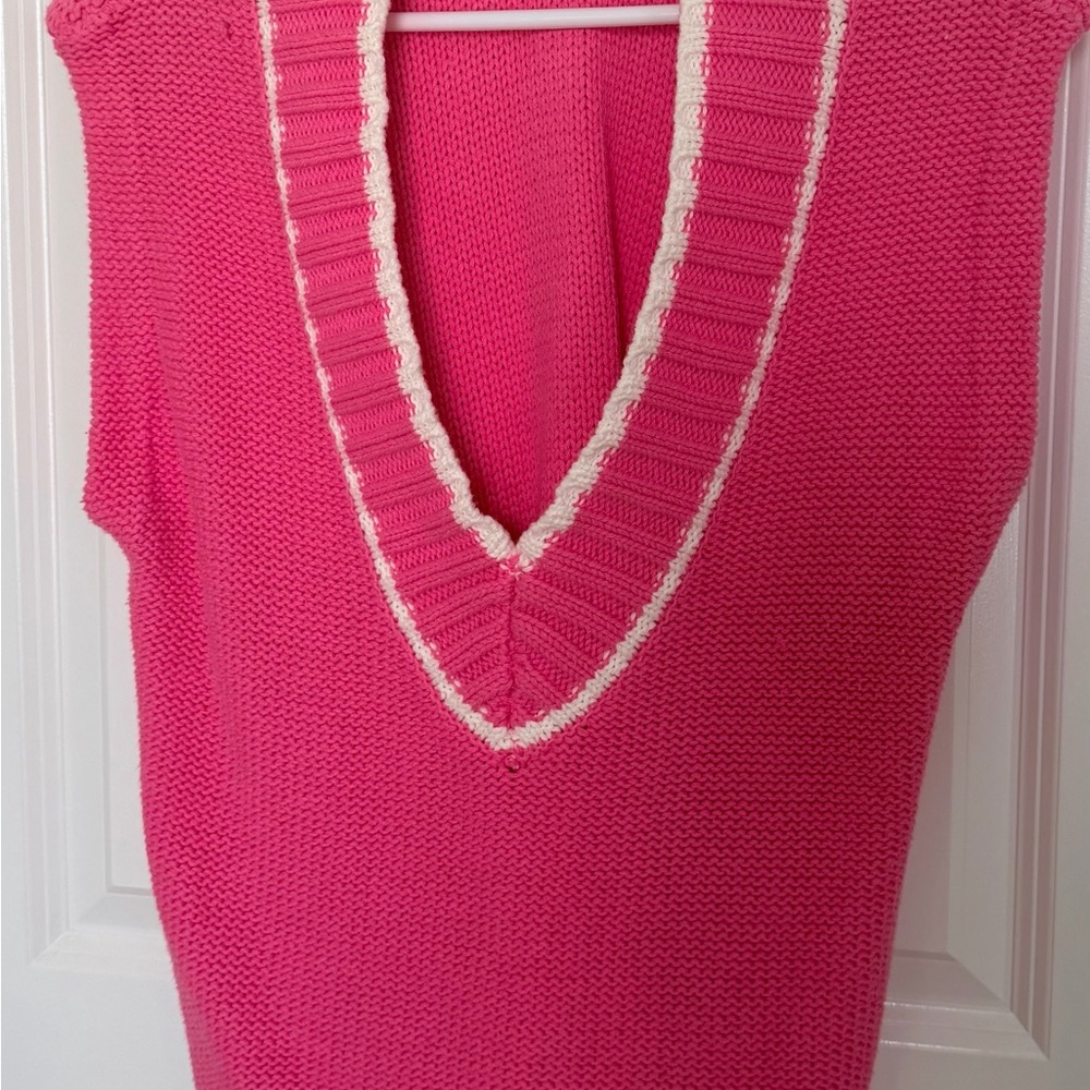 Pink Knit V-Neck Sweater Vest with Cream Trim